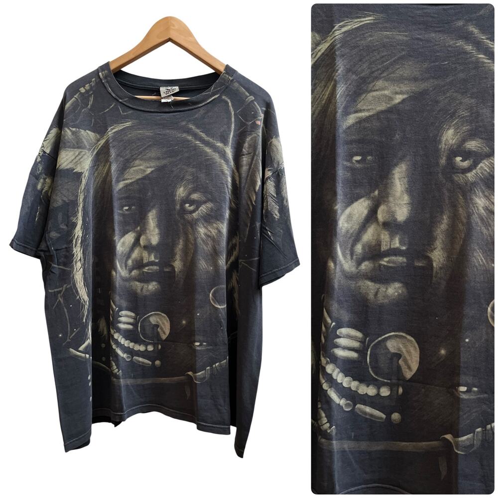 Vintage 96 Liquid Blue Cotton Native American Chief Wolf All Over Print Tee 2XL